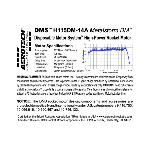 AeroTech H115DM-14A 29mm x 203mm Single Use DMS 1-Motor Kit - 081114