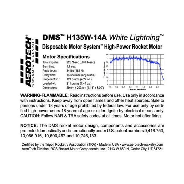 AeroTech H135W-14A 29mm x 203mm Single Use DMS 1-Motor Kit - 081314