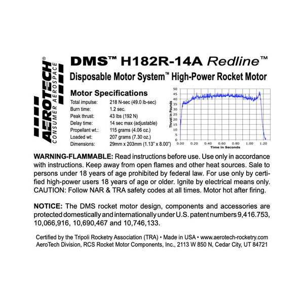 AeroTech H182R-14A 29mm x 203mm Single Use DMS 1-Motor Kit - 081814
