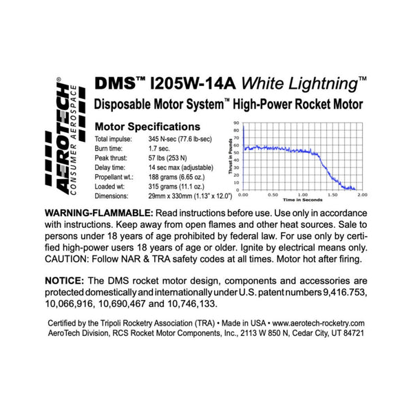 AeroTech I205W-14A 29mm x 305mm Single Use DMS 1-Motor Kit - 092014