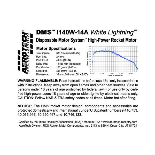AeroTech I140W-14A 38mm x 203mm Single Use DMS 1-Motor Kit - 091414