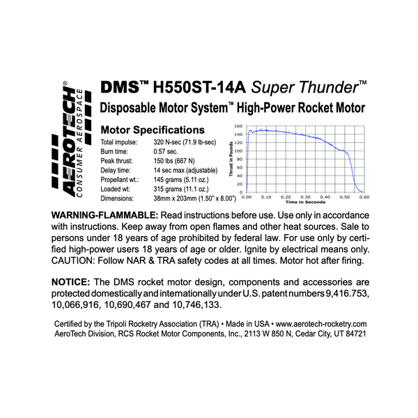 AeroTech H550ST-14A 38mm x 203mm Single Use DMS 1-Motor Kit - 085514