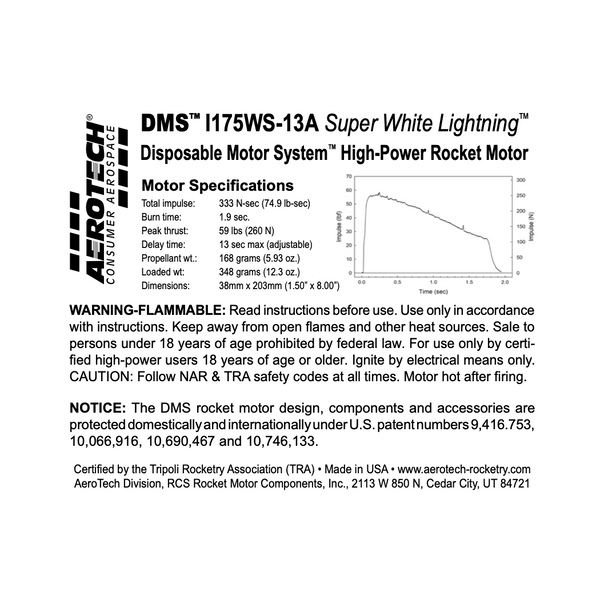 AeroTech I175WS-13A 38mm x 203mm Single Use DMS 1-Motor Kit - 091713