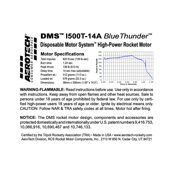 AeroTech I500T-14A 38mm x 356mm Single Use DMS 1-Motor Kit - 095014