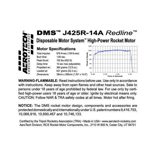AeroTech J425R-14A 38mm x 356mm Single Use DMS 1-Motor Kit - 104214